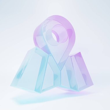 Frosted glass Folded map with location marker icon isolated on white background. Minimalism concept. 3D render illustration.