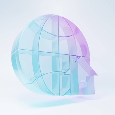 Frosted glass Globe with house symbol icon isolated on white background. Real estate concept. Minimalism concept. 3D render illustration.