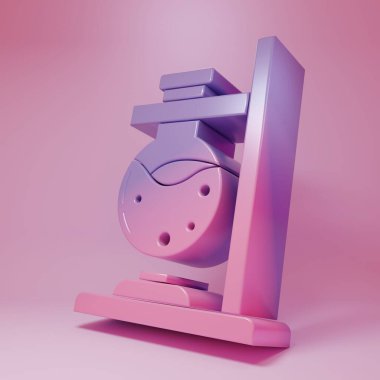 Purple-pink Glass test tube flask on fire heater experiment icon isolated on pink background. Laboratory equipment. Minimalism concept. 3D render illustration.