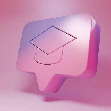 Purple-pink Graduation cap in speech bubble icon isolated on pink background. Graduation hat with tassel icon. Minimalism concept. 3D render illustration.