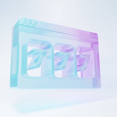 Beyaz arka planda izole edilmiş şanslı yedinci büyük ikramiye ikonu olan buzlu cam kumar makinesi. İnternetteki kumarhane. Minimalizm kavramı. 3 Boyutlu resimleme.