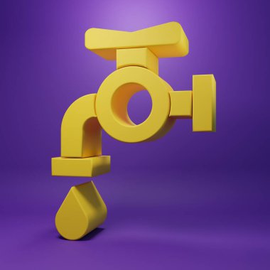 Sarı musluk ikonu mor arkaplanda izole edilmiş. Minimalizm kavramı. 3 Boyutlu resimleme.