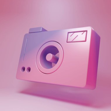 Pembe fotograf makinesi ikonu pembe arkaplanda izole edilmiş. Fotoğraf makinesi simgesi. Minimalizm kavramı. 3 Boyutlu resimleme.