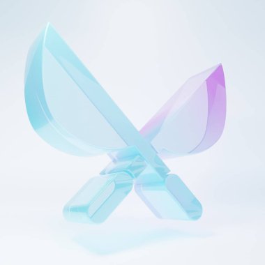 Frosted glass Gardening handmade scissors for trimming icon isolated on white background. Pruning shears with wooden handles. Minimalism concept. 3D render illustration.