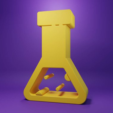 Sarı test tüpü ve mor arka planda izole edilmiş kimyasal test ikonu. Laboratuvar cam levhası. Minimalizm kavramı. 3 Boyutlu resimleme.