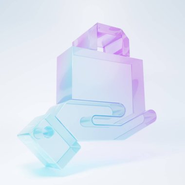 Buzlu cam el ve kağıt poşet ikonu beyaz arka planda izole edilmiş. Paket işareti. Minimalizm kavramı. 3 Boyutlu resimleme.