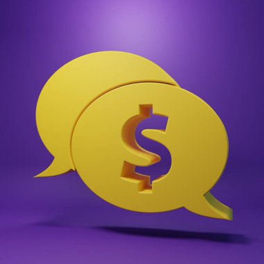 Yellow Speech bubble with dollar icon isolated on purple background. Badge for price. Sale with dollar symbol. Promo tag discount. Minimalism concept. 3D render illustration.
