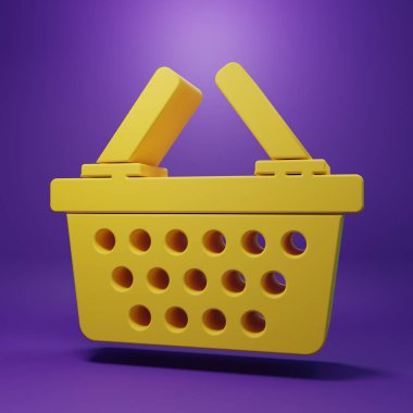 Sarı alışveriş sepeti simgesi mor arkaplanda izole edilmiş. İnternetten satın alma konsepti. Servis tabelası. Alışveriş arabası sembolü. Minimalizm kavramı. 3 Boyutlu resimleme.