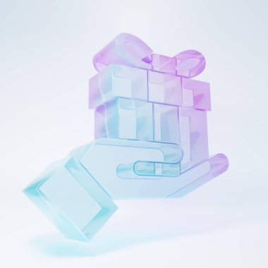 Frosted glass Gift box in hand icon isolated on white background. Merry Christmas and Happy New Year. Minimalism concept. 3D render illustration.