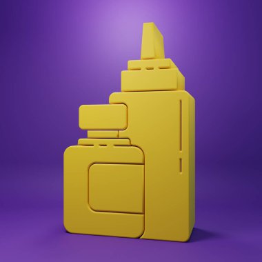 Sarı sos şişesi ikonu mor arka planda izole edilmiş. Ketçap, hardal ve fast food için soslu mayonez şişeleri. Minimalizm kavramı. 3 Boyutlu resimleme.