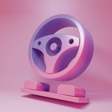 Purple-pink Racing simulator cockpit icon isolated on pink background. Gaming accessory. Gadget for driving simulation game. Minimalism concept. 3D render illustration.