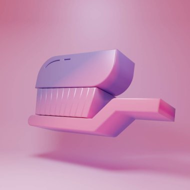 Pembe arka planda izole edilmiş diş macunu ikonlu mor diş fırçası. Minimalizm kavramı. 3 Boyutlu resimleme.
