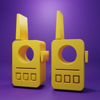 Yellow Walkie talkie icon isolated on purple background. Portable radio transmitter icon. Radio transceiver sign. Minimalism concept. 3D render illustration.