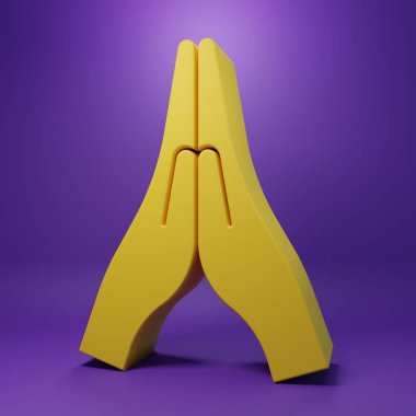 Yellow Hands in praying position icon isolated on purple background. Prayer to god with faith and hope. Minimalism concept. 3D render illustration.