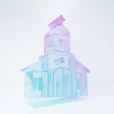 Beyaz arka planda izole edilmiş buzlu cam kilise ikonu. Hıristiyan Kilisesi. Kilisenin dini. Minimalizm kavramı. 3 Boyutlu resimleme.
