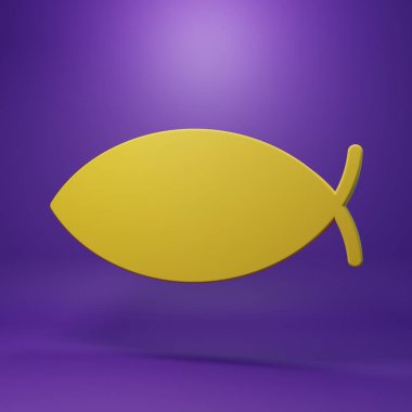 Yellow Christian fish symbol icon isolated on purple background. Jesus fish symbol. Minimalism concept. 3D render illustration.