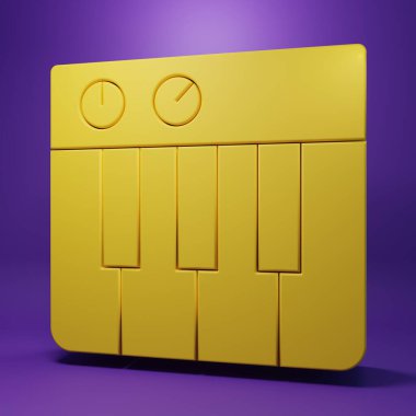 Yellow Music synthesizer icon isolated on purple background. Electronic piano. Minimalism concept. 3D render illustration.