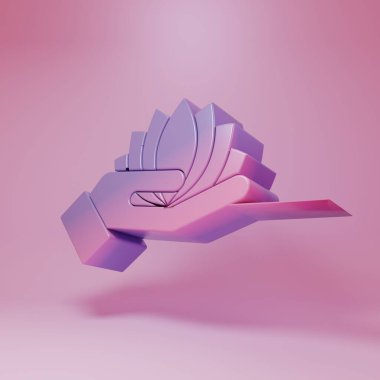 Purple-pink Lotus flower icon isolated on pink background. Minimalism concept. 3D render illustration .