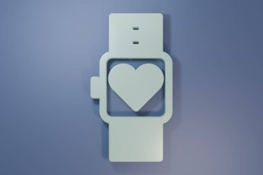 Gri Akıllı saat mor-mavi arka planda kalp atışı ikonunu gösteriyor. Fitness uygulaması konsepti. Minimalizm kavramı. 3 Boyutlu resimleme .