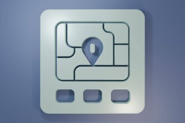Mor-mavi arka planda harita simgesine sahip gri GPS cihazı. Minimalizm kavramı. 3 Boyutlu resimleme .