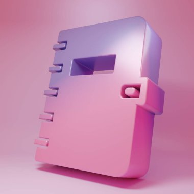 Purple-pink Notebook icon isolated on pink background. Spiral notepad icon. School notebook. Writing pad. Diary for school. Minimalism concept. 3D render illustration .