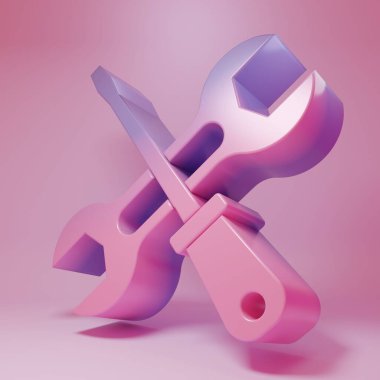 Purple-pink Screwdriver and wrench spanner tools icon isolated on pink background. Service tool symbol. Minimalism concept. 3D render illustration .