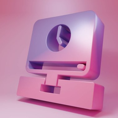 Purple-pink Computer monitor time icon isolated on pink background. Electronic device. Front view. Minimalism concept. 3D render illustration .