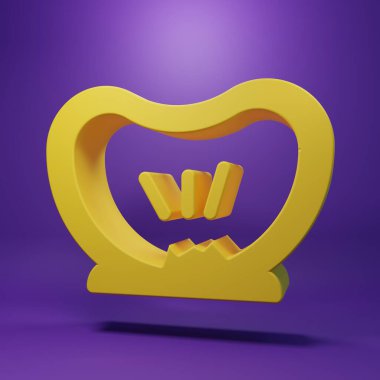 Sarı bisiklet patlamış lastik ikonu, mor arka planda izole edilmiş. Bisiklet yarışı. Tekerlek havası. Spor malzemeleri. Minimalizm kavramı. 3 Boyutlu resimleme .