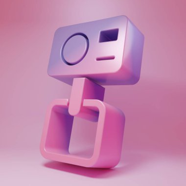 Purple-pink Action extreme camera icon isolated on pink background. Video camera equipment for filming extreme sports. Minimalism concept. 3D render illustration .