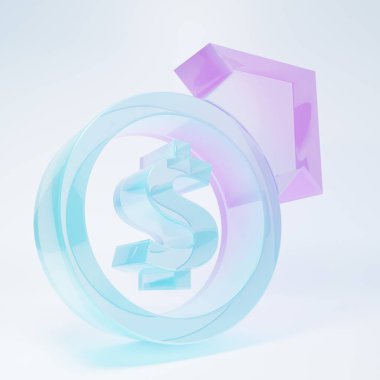 Frosted glass Financial growth and dollar coin icon isolated on white background. Increasing revenue. Minimalism concept. 3D render illustration .