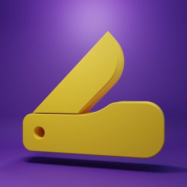 Yellow Swiss army knife icon isolated on purple background. Multi-tool, multipurpose penknife. Multifunctional tool. Minimalism concept. 3D render illustration .