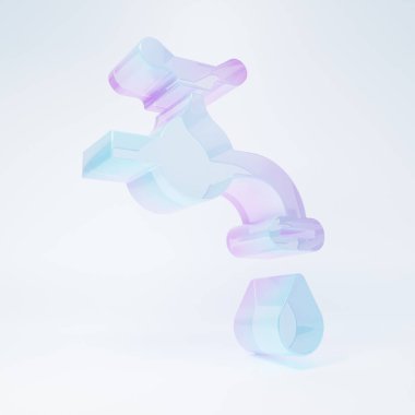 Beyaz arka planda izole edilmiş, düşen bir su damlası ikonu olan buzlu cam musluk. Minimalizm kavramı. 3 Boyutlu resimleme .