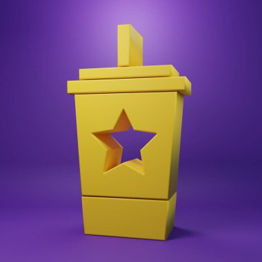 Yellow Paper glass with drinking straw and water icon isolated on purple background. Soda drink glass. Fresh cold beverage symbol. Minimalism concept. 3D render illustration .