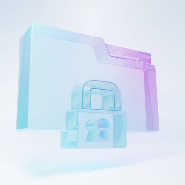 Frosted glass Folder and lock icon isolated on white background. Closed folder and padlock. Security, safety, protection concept. Minimalism concept. 3D render illustration .