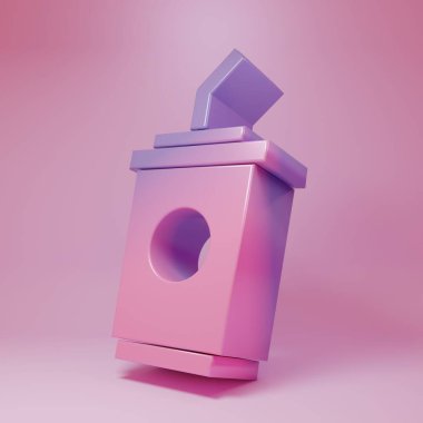 Purple-pink Paper glass with drinking straw and water icon isolated on pink background. Soda drink glass. Fresh cold beverage symbol. Minimalism concept. 3D render illustration .