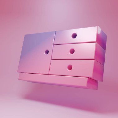 Purple-pink Chest of drawers icon isolated on pink background. Minimalism concept. 3D render illustration .