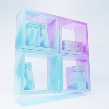 Frosted glass Shelf with books icon isolated on white background. Shelves sign. Minimalism concept. 3D render illustration .