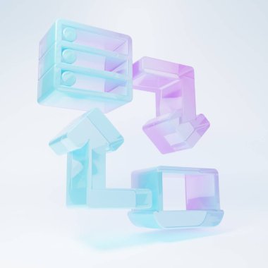 Frosted glass Online working icon isolated on white background. Freelancer man working on laptop at his house. Remote work. Distant job concept. Minimalism concept. 3D render illustration .