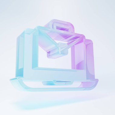 Frosted glass Online working icon isolated on white background. Freelancer man working on laptop at his house. Remote work. Distant job concept. Minimalism concept. 3D render illustration .