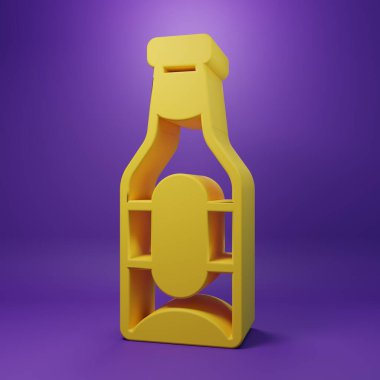 Yellow Beer bottle icon isolated on purple background. Minimalism concept. 3D render illustration .