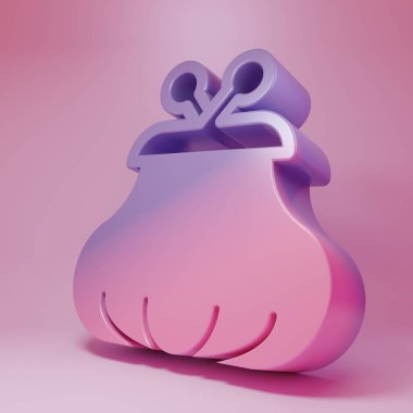 Pembe arka planda izole edilmiş mor cüzdan simgesi. Çanta ikonu. Nakit tasarruf sembolü. Minimalizm kavramı. 3 Boyutlu resimleme .