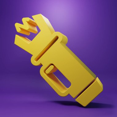 Yellow Police electric shocker icon isolated on purple background. Shocker for protection. Taser is an electric weapon. Minimalism concept. 3D render illustration .