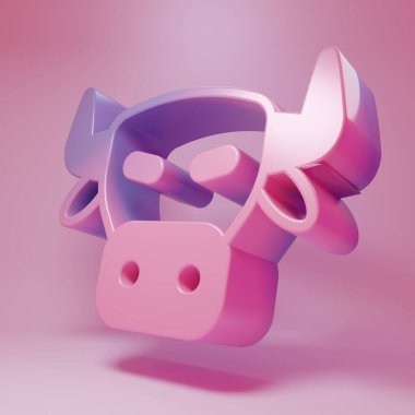 Pembe arka planda izole edilmiş mor renkli inek kafası simgesi. Minimalizm kavramı. 3 Boyutlu resimleme .