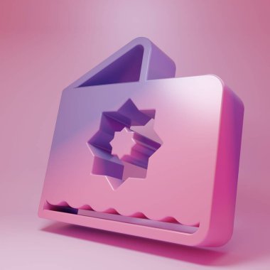 Purple-pink Islamic octagonal star ornament icon isolated on pink background. Minimalism concept. 3D render illustration.