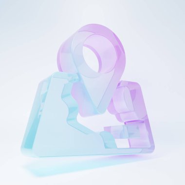 Frosted glass Folded map with location marker icon isolated on white background. Minimalism concept. 3D render illustration.