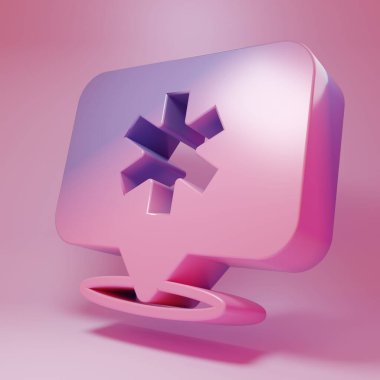 Purple-pink Medical map pointer with cross hospital icon isolated on pink background. Minimalism concept. 3D render illustration.