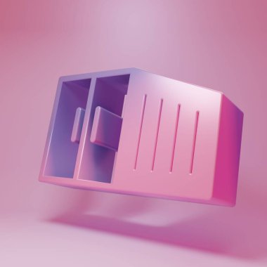 Pembe arka planda izole edilmiş mor renkli konteyner simgesi. Crane içinde kargo olan bir konteynırı kaldırıyor. Minimalizm kavramı. 3 Boyutlu resimleme.