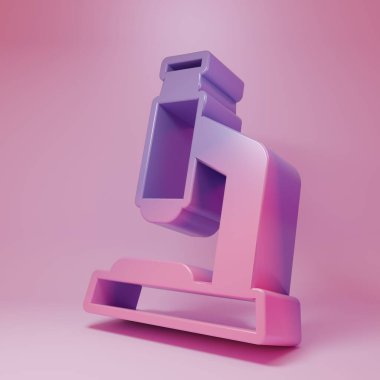 Purple-pink Microscope icon isolated on pink background. Chemistry, pharmaceutical instrument, microbiology magnifying tool. Minimalism concept. 3D render illustration.