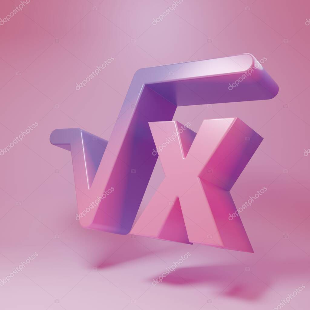 Purple-pink Square root of x glyph icon isolated on pink background. Mathematical expression. Minimalism concept. 3D render illustration.