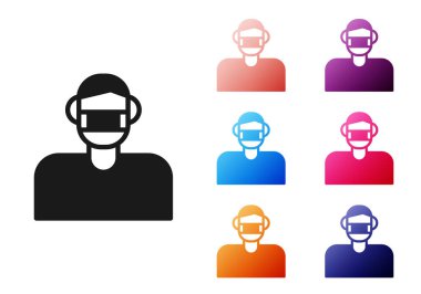 Siyah adam yüzü, beyaz arka planda izole edilmiş tıbbi koruyucu maske ikonu. Karantinaya alın. Simgeleri renklendirin. Vektör.